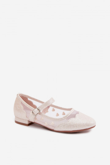 Shiny children's ballerinas with mesh and hearts sand color Binky