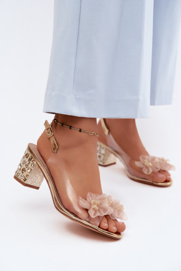 Transparent sandals with heels, sparkling eyelets and floral motifs D&A MR61-9009 gold color