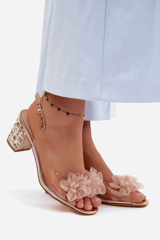 Transparent Block Heel Sandals With Crystals and Flowers D&A MR61-9009 Gold
