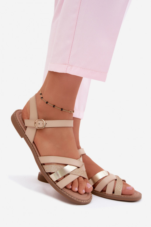 Flat women's sandals with shine and straps sand color Haden
