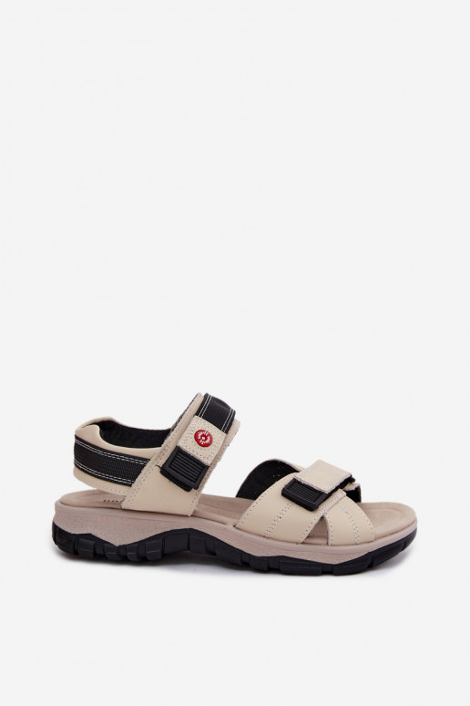 Leather Women's Sandals With Velcro Beige Blingy