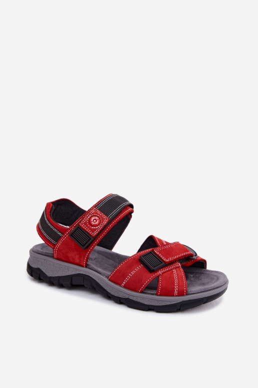 Leather Suede Women's Sandals With Velcro Red Blingy