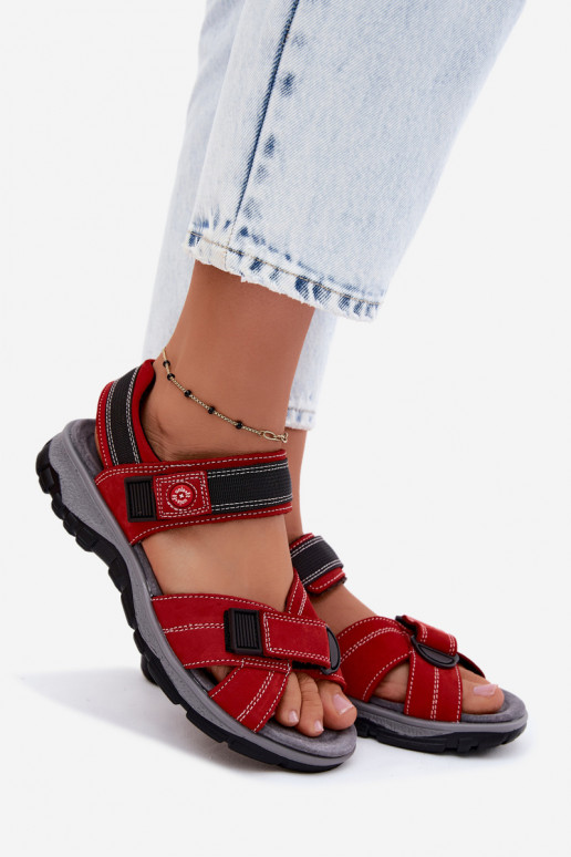 Leather Suede Women's Sandals With Velcro Red Blingy