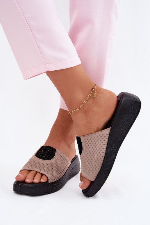 Leather Suede Women's Platform Sandals Dark Beige Fablee