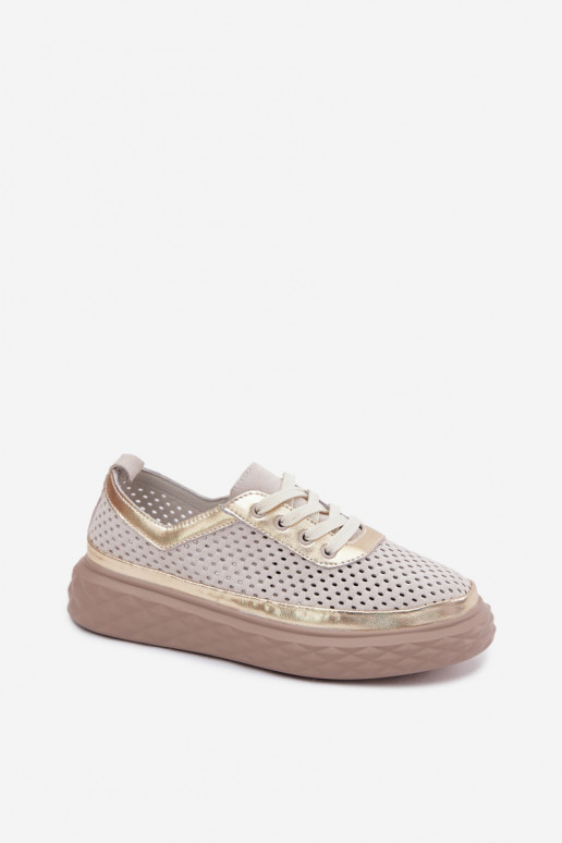 Leather Suede Women's Platform Shoes Openwork Beige Lessa