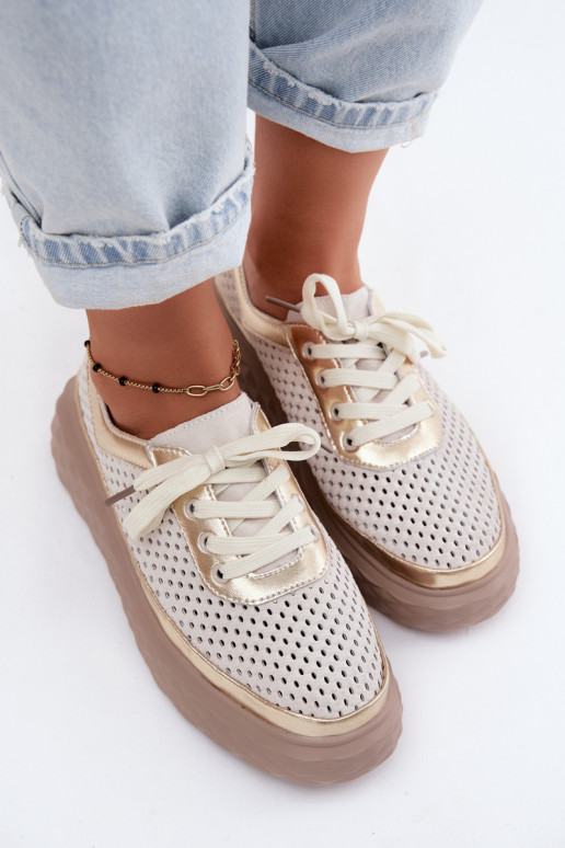 Leather Suede Women's Platform Shoes Openwork Beige Lessa
