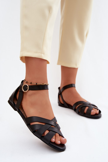 Flat sandals for women with straps in black faux leather Lagos 2