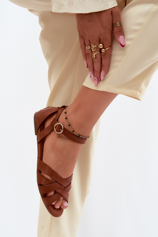 Sandały Damskie PłaskiewithPaskami Eko Skórzane Camel Lagos