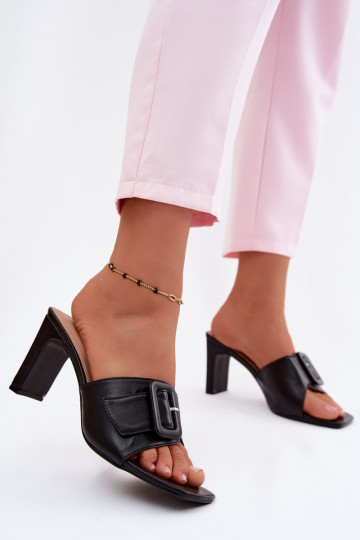 Women's slippers with heels, ornaments and buckles in black color Vinceza 22-20159 2