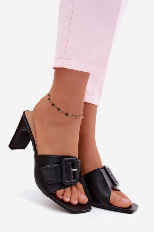 Women's Block Heel Slippers With Ornament Buckle Vinceza 22-20159 Black
