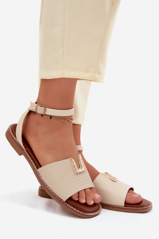 Women's Flat Sandals With Gold Detail Vinceza 73505 Beige
