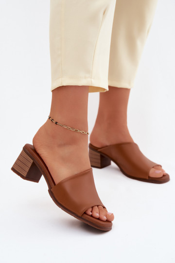 Brown leather women's heeled slippers 2