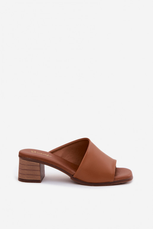 Skórzane Klapki Damskie Na Obcasie Maciejka E7395-29 Camel