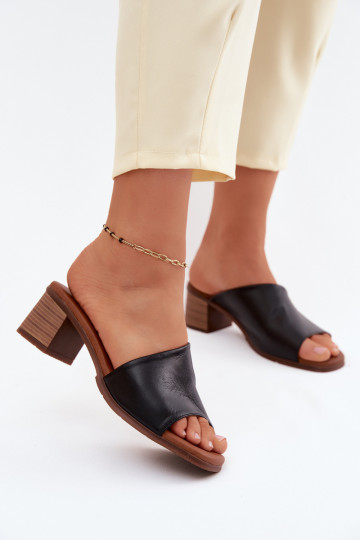 Black leather women's heeled slippers 2