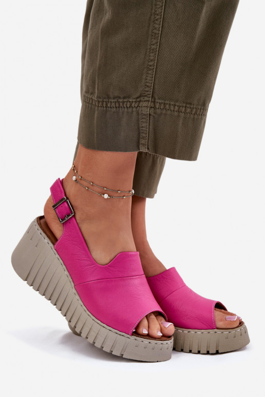 Women's sandals with natural leather elements on platform in pink Artiker 54C0789