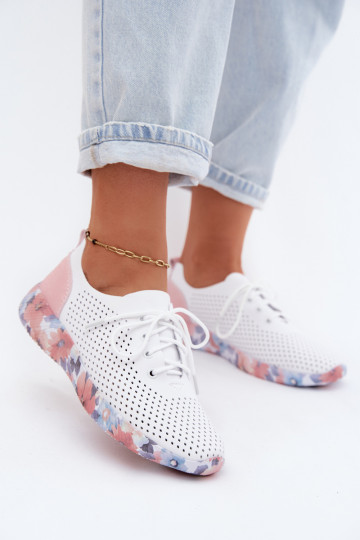 Leather Women's Lace-Up Platform Shoes Artiker 58C0587 White-Pink