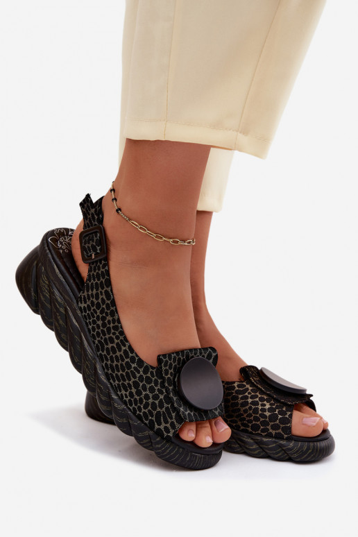 Leather Platform Sandals With Embellishment Artiker 58C0296 Black-Gold