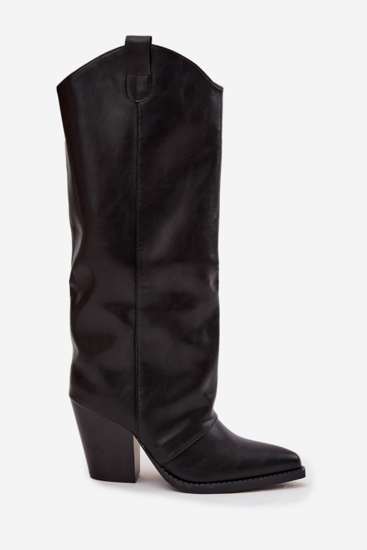 Black faux leather cowboy-style long boots with heels Tai turivine