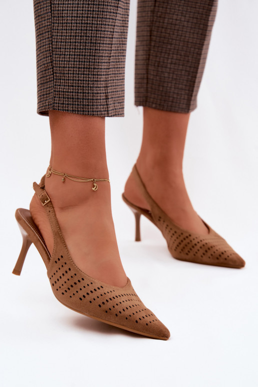 Brown perforated sandals with thin heels made of faux suede Torielle