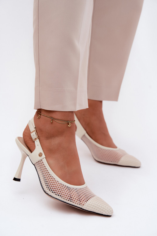 Ivory leather women's sandals with thin heels Tai turiciejka K7507-22