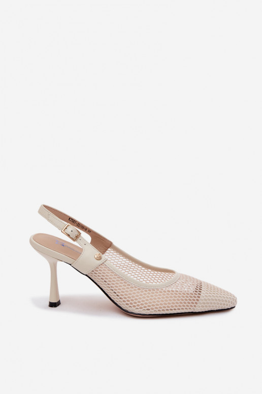 Ivory leather women's sandals with thin heels Tai turiciejka K7507-22