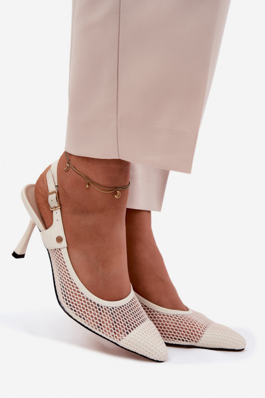 Ivory leather women's sandals with thin heels Tai turiciejka K7507-22