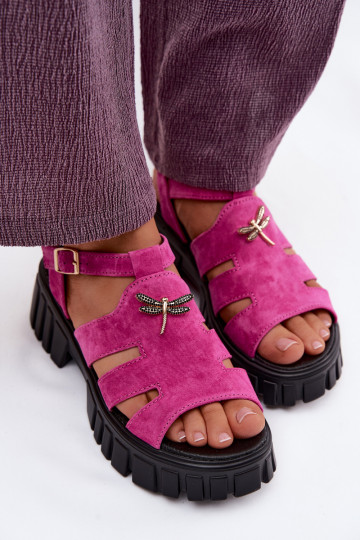 Leather suede women's platform sandals with buckle Vinceza 79627, black color