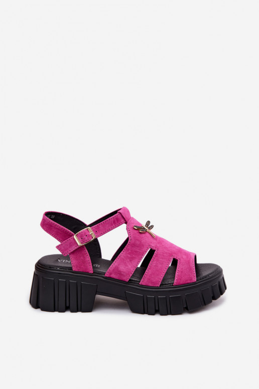 Leather suede women's platform sandals with buckle Vinceza 79627, black color