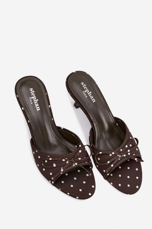 Women's slippers with bows and dots on a thin heel in green color by Shinea