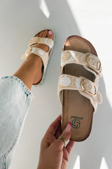 Glimma crocheted slippers with platform and buckles in sand 2