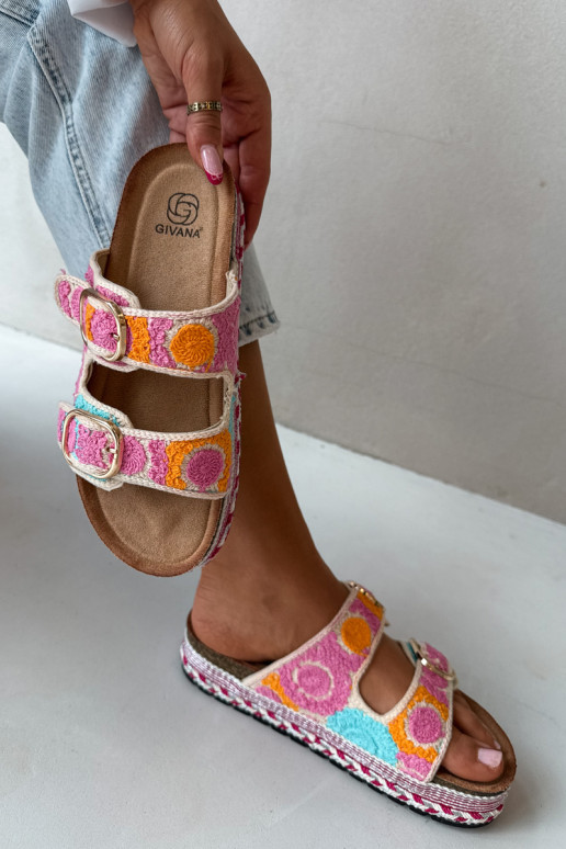 Glimma crocheted slippers with platform and buckles in pink
