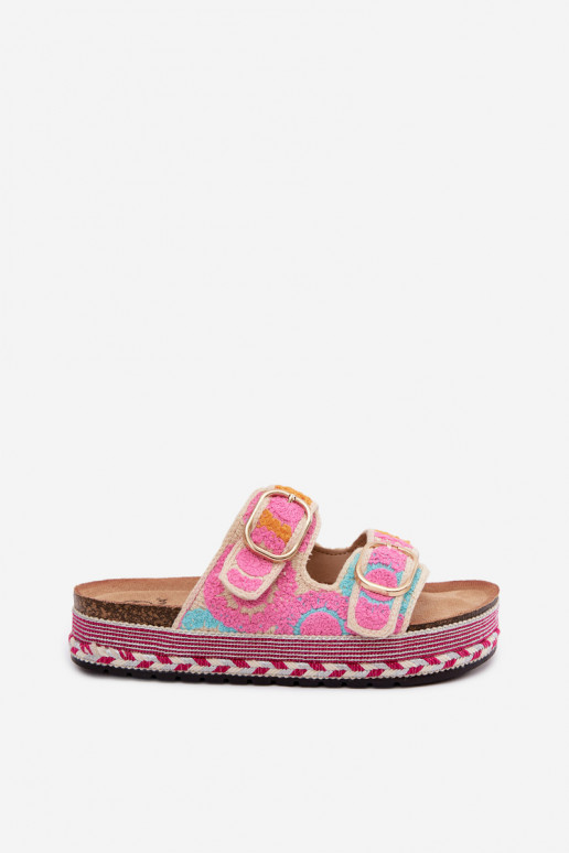 Glimma crocheted slippers with platform and buckles in pink