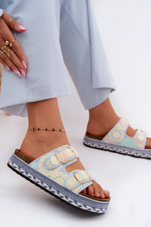 Glimma crocheted slippers with platform and buckles in blue