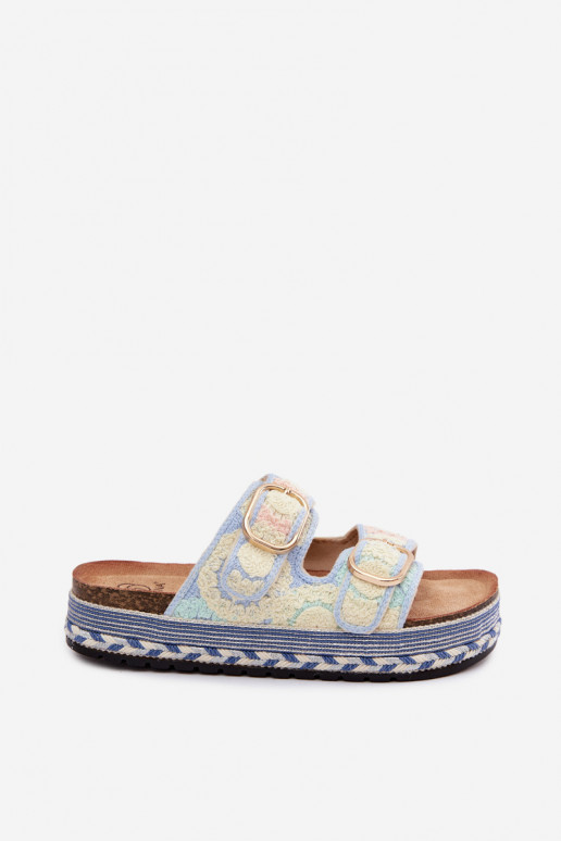 Glimma crocheted slippers with platform and buckles in blue