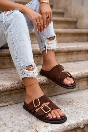 Women's Faux Suede Slippers With Gold Buckles Chocolate Selissea 2