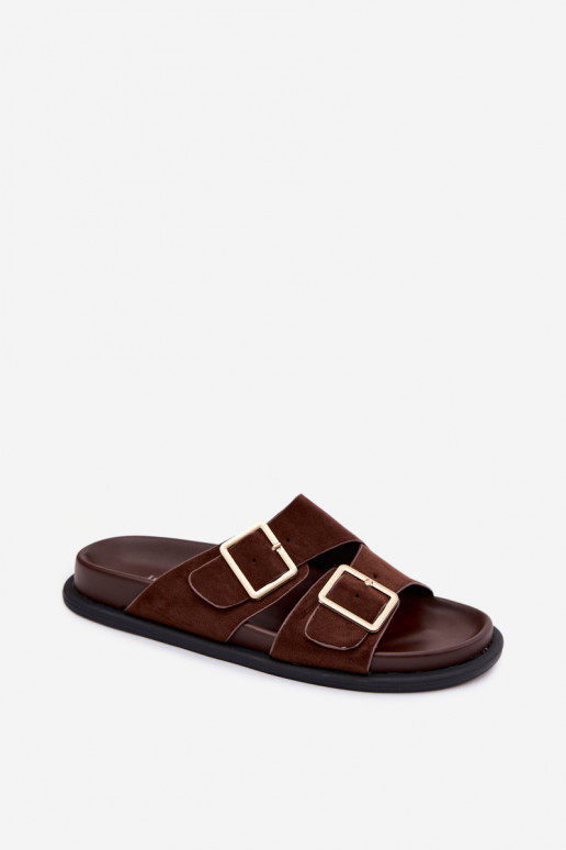 Women's Faux Suede Slippers With Gold Buckles Chocolate Selissea