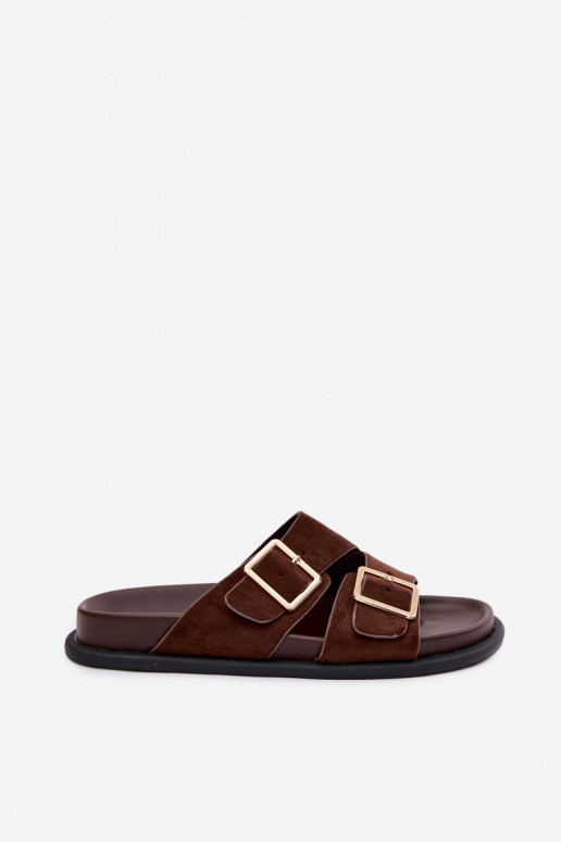 Klapki DamskiewithImitacji Zamszu Złote Klamry Czekoladowe Selissea