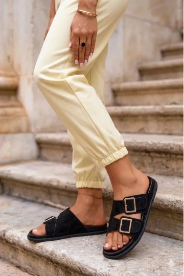 Sandala faux suede black with golden buckles Selissea