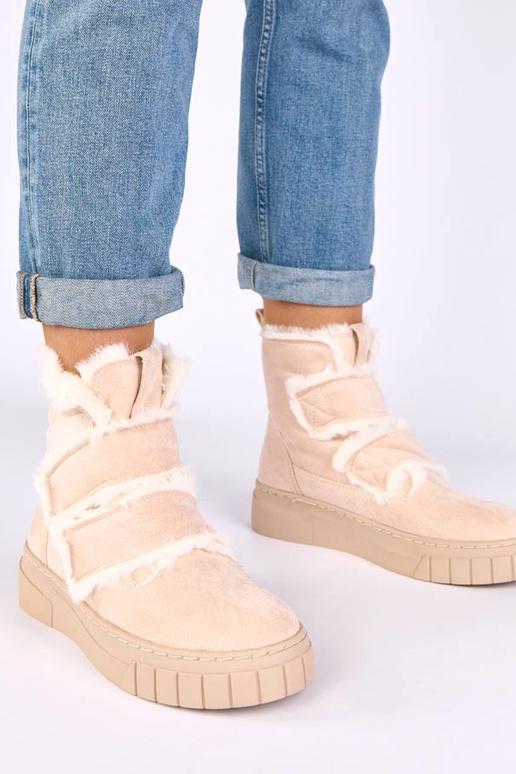 Sand-colored ankle boots with a strap, decorated with fur Grace