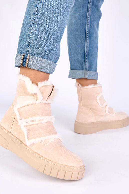 Sand-colored ankle boots with a strap, decorated with fur Grace