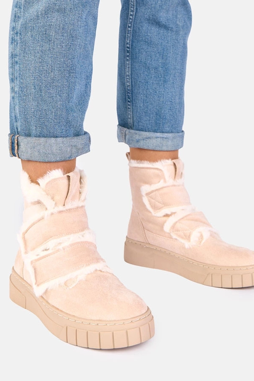 Sand-colored ankle boots with a strap, decorated with fur Grace