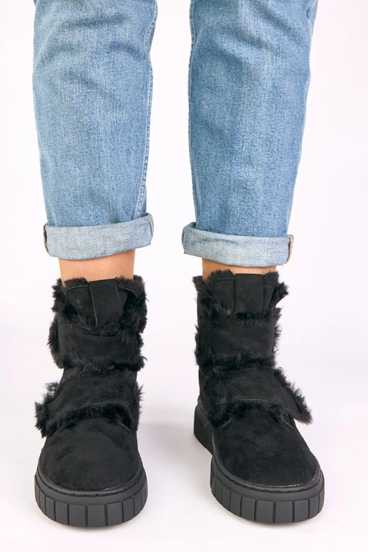 Black ankle boots with a strap, decorated with fur Grace