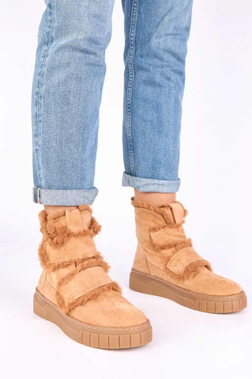 Brown ankle boots with a strap, decorated with fur Grace