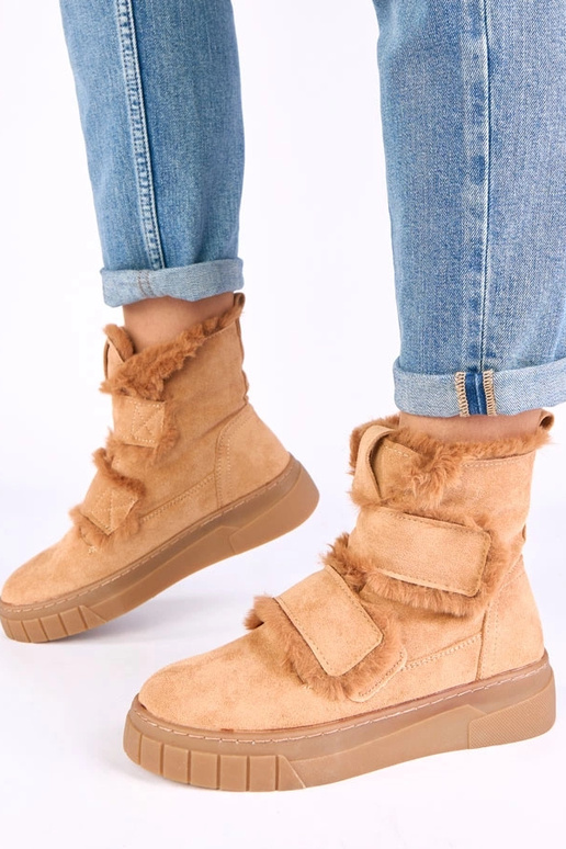 Brown ankle boots with a strap, decorated with fur Grace