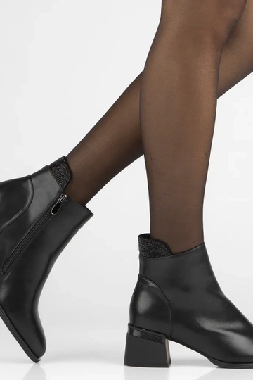 Black ankle boots on a heel made of natural leather with rhinestones Jean 2