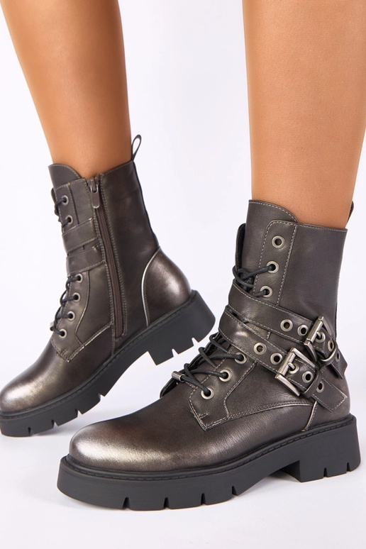Metallic ankle boots on a platform with decorative buckles Ruthy