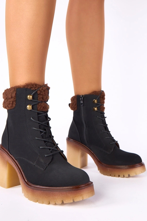 Black ankle boots on a block heel with fur on the shaft Alona