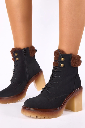 Black ankle boots on a block heel with fur on the shaft Alona 2