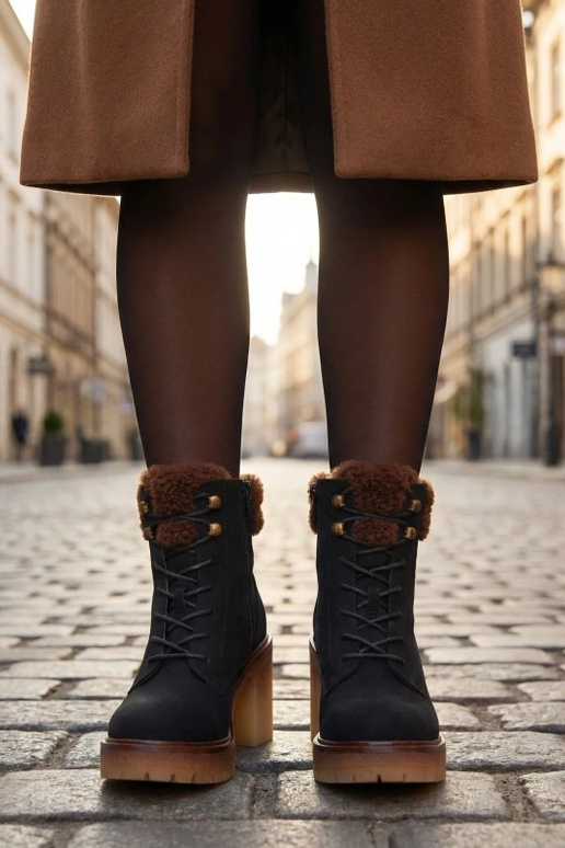 Black ankle boots on a block heel with fur on the shaft Alona