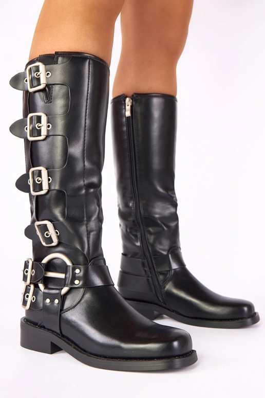 Black knee-high boots with a flat heel decorated with buckles Taliba